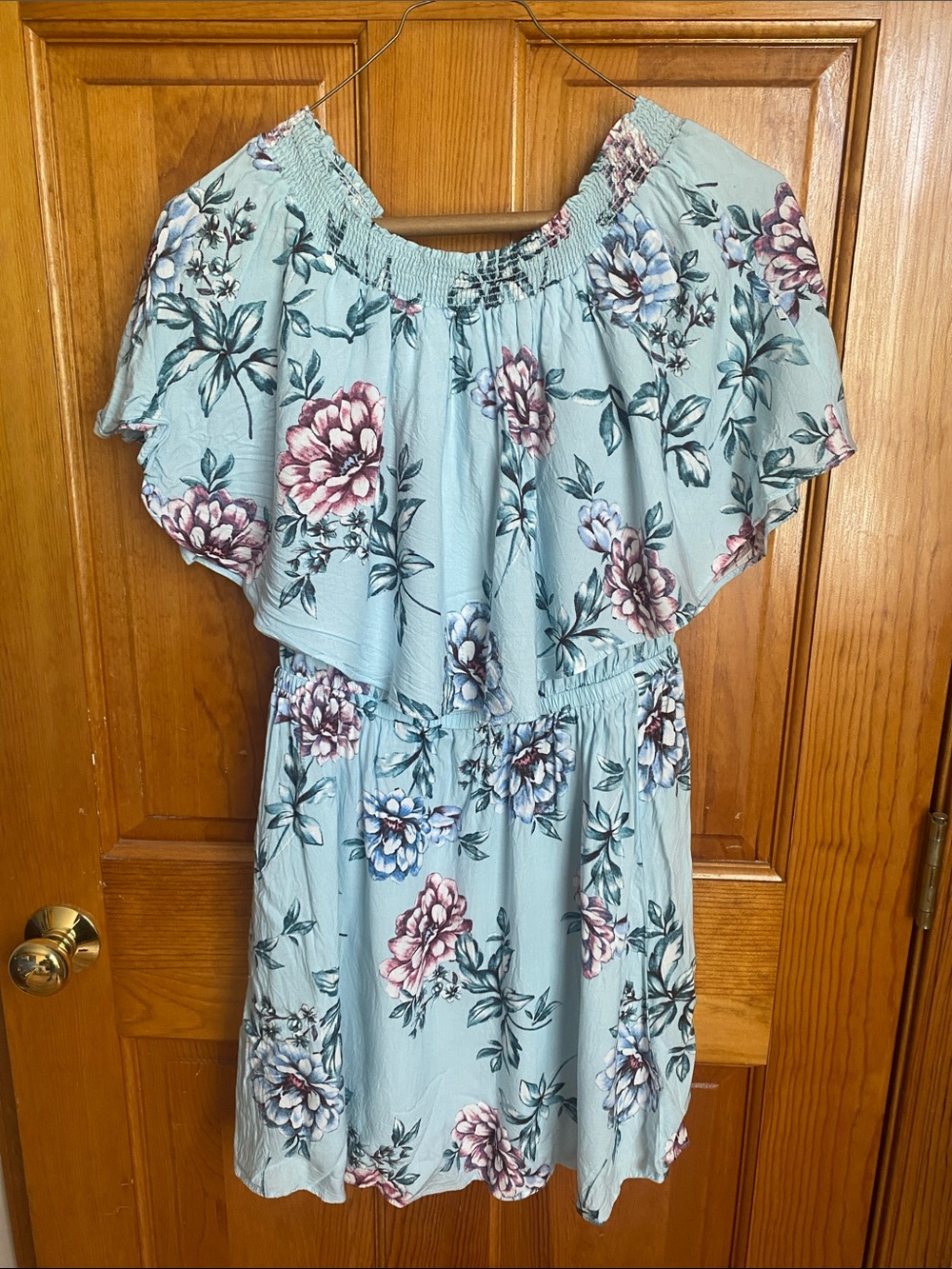 Show Me Your MuMu Light Blue Floral Off-Shoulder Dress with Pink and Blue Blooms